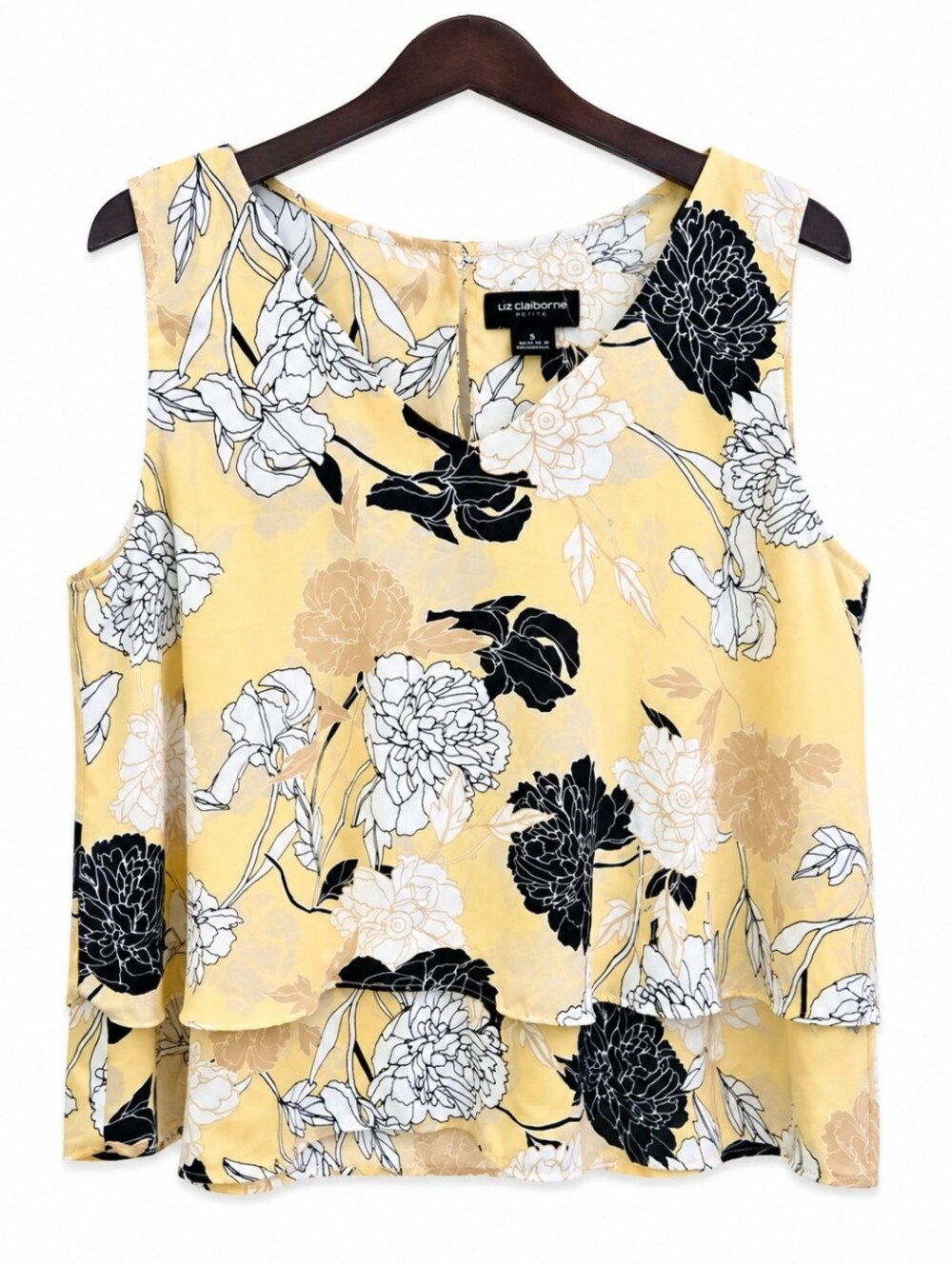 Liz Claiborne Yellow Black Floral Print Top 3/4 Sleeve Layered Hem Blouse Sz XL